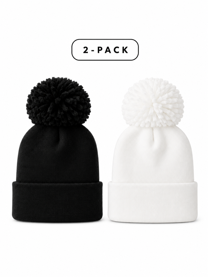 Black and white beanie hats with pom-poms, sold as a 2-pack.