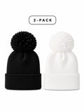 Black and white beanie hats with pom-poms, sold as a 2-pack.