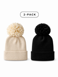 Two beanies in a pack: one cream and one black, both with pom-poms on top.