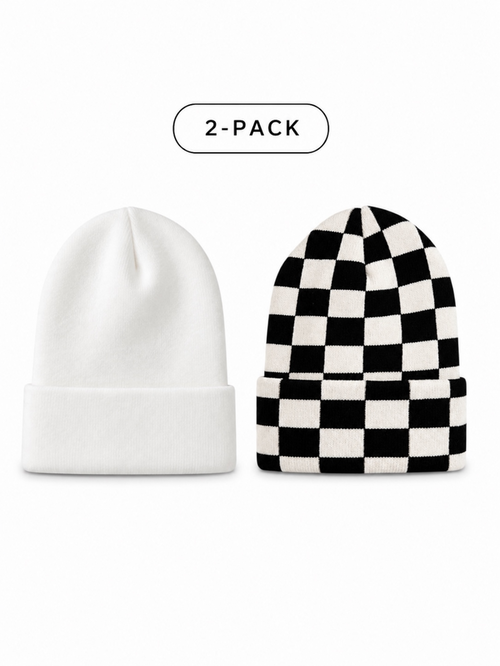 Two knit beanies: one white and one black and white checkered, labeled as a 2-pack.