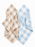 Two checkered kitchen towels in brown and blue colors, neatly folded and displayed on a white background.