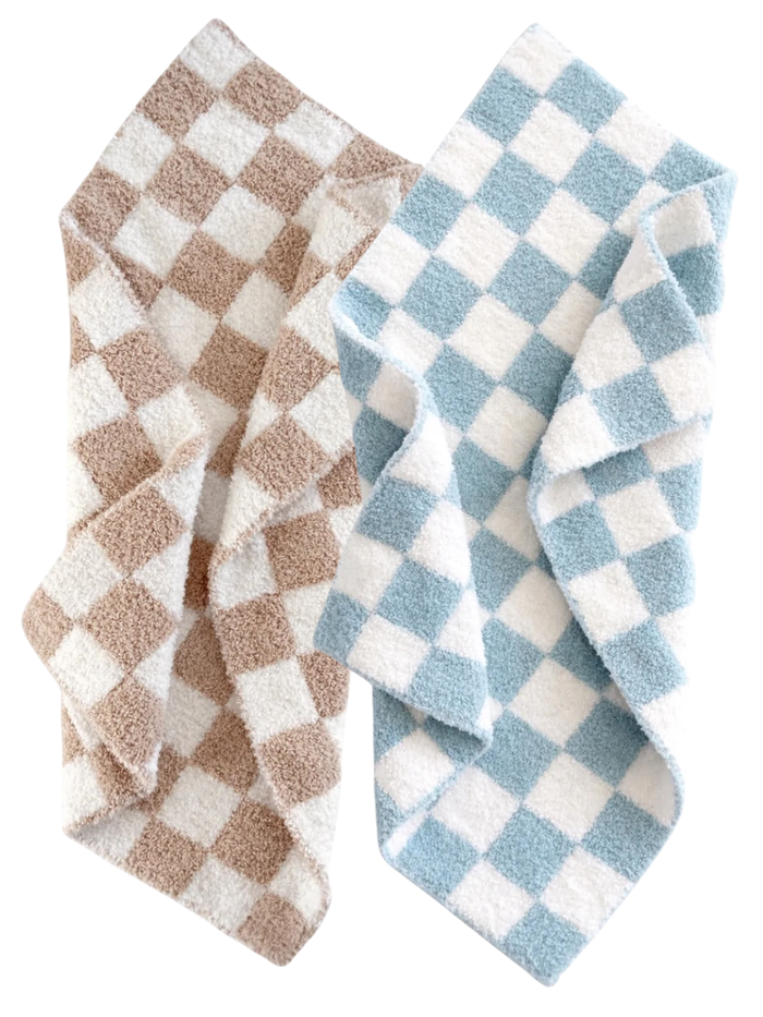 Two checkered plush towels in brown and white, and blue and white, displayed side by side.