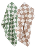 Two textured checkered towels in green and white, and brown and white, stacked neatly.