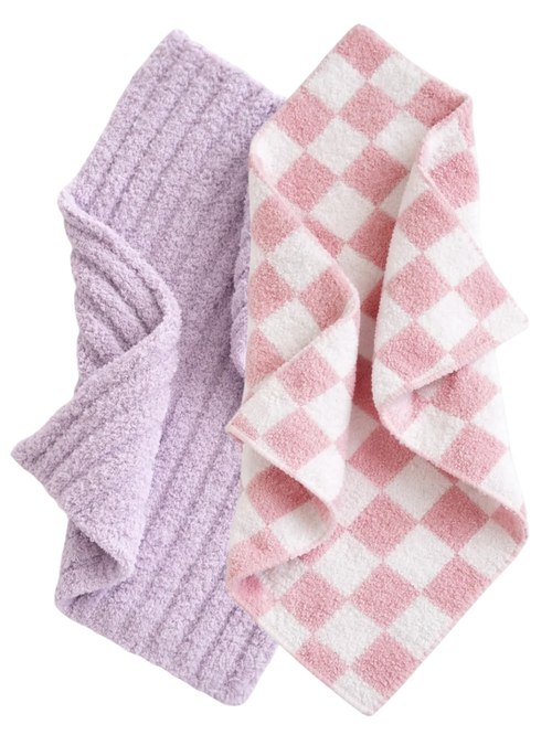 Two soft towels: one purple textured and one pink and white checkered. Ideal for kitchen or bathroom use.