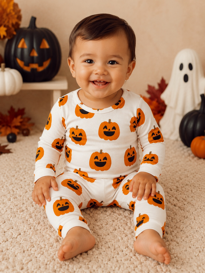 Smiling baby in pumpkin-printed pajamas, surrounded by Halloween decor including pumpkins and a ghost.