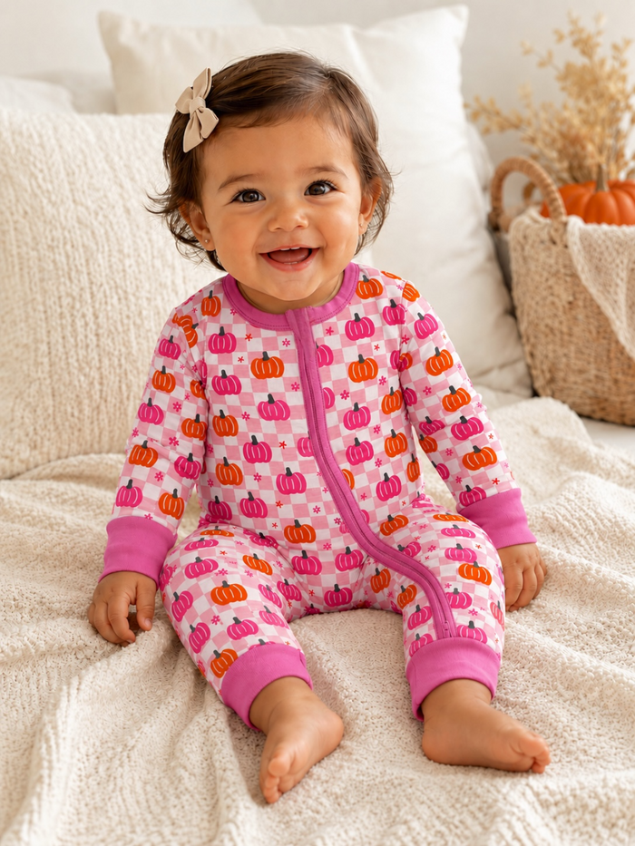 Smiling toddler in a pink pumpkin-patterned onesie sitting on a cozy blanket, surrounded by autumn decor.