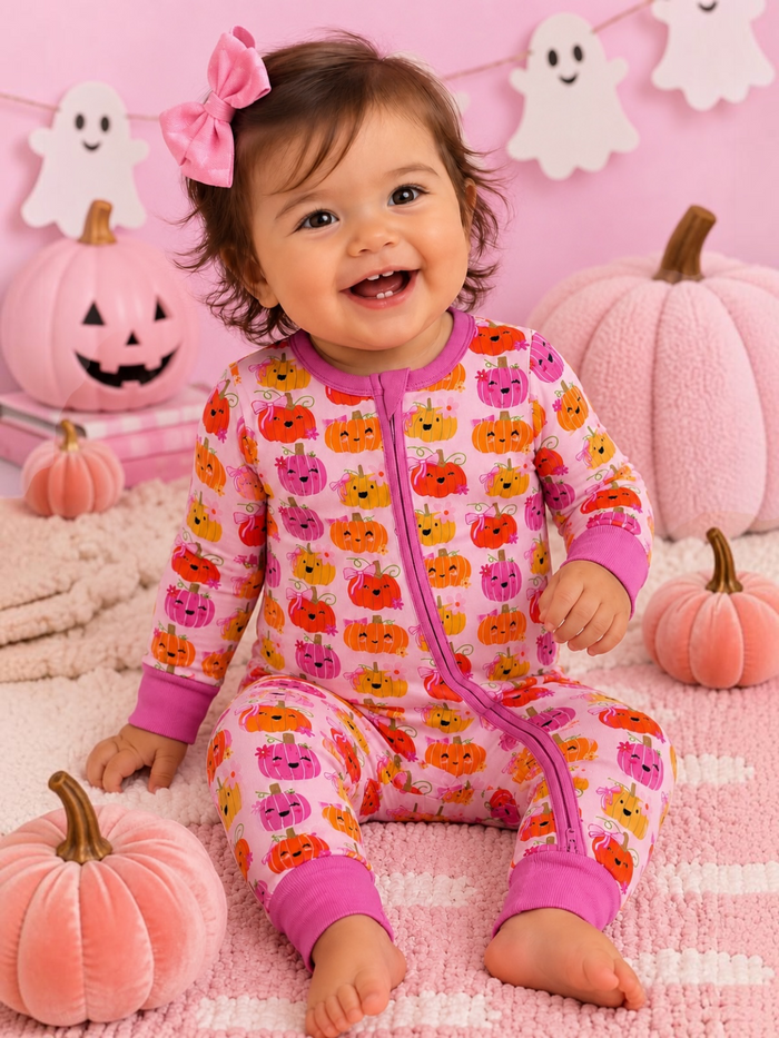 Smiling baby in pumpkin-printed pajamas, sitting on soft pink rug with pumpkins and Halloween decorations.