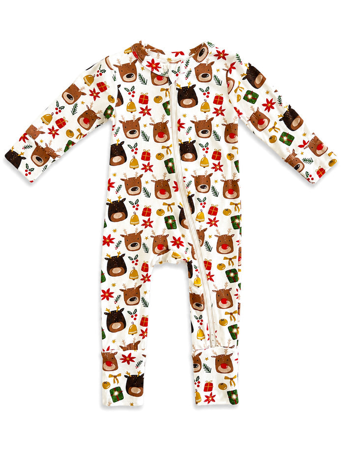 Child's zip-up onesie featuring playful bear and holiday-themed patterns on a white background.