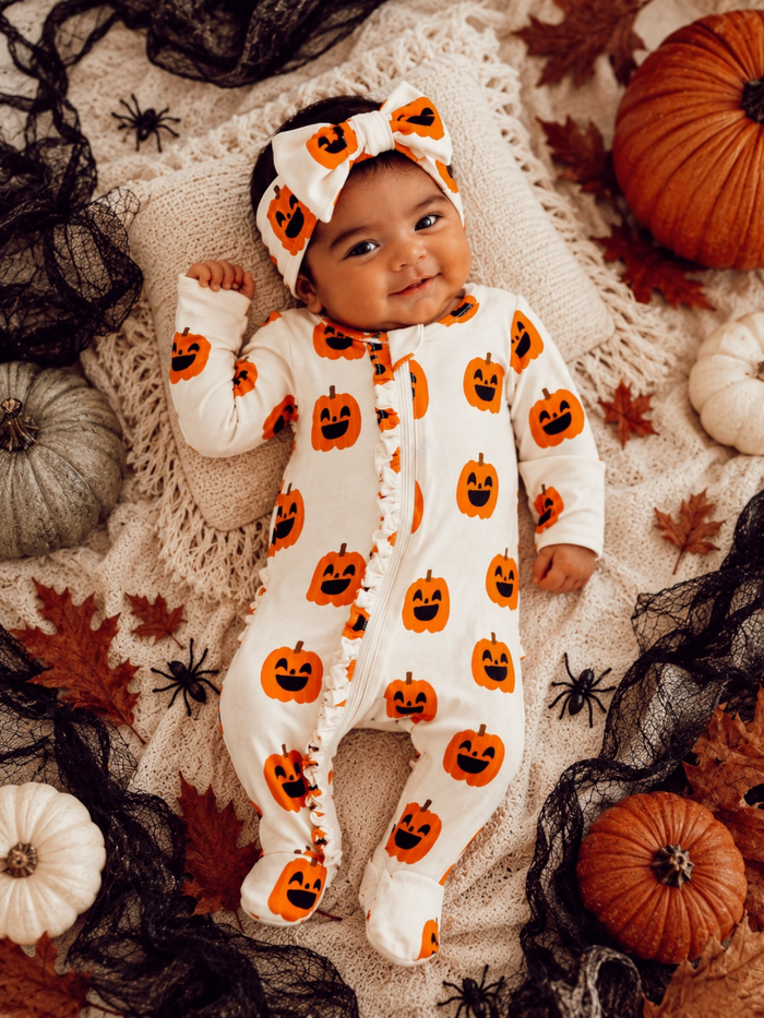 Smiling baby in a pumpkin-patterned onesie with a matching headband, surrounded by fall decorations.