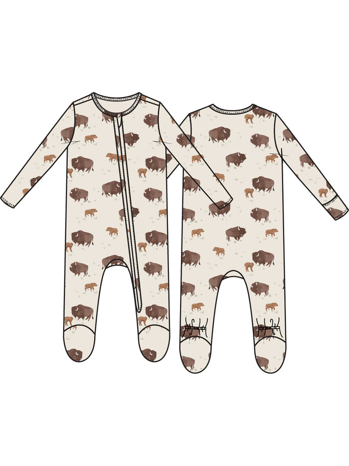 Beige onesie featuring brown buffalo patterns, with a front zipper and footed design for infants.