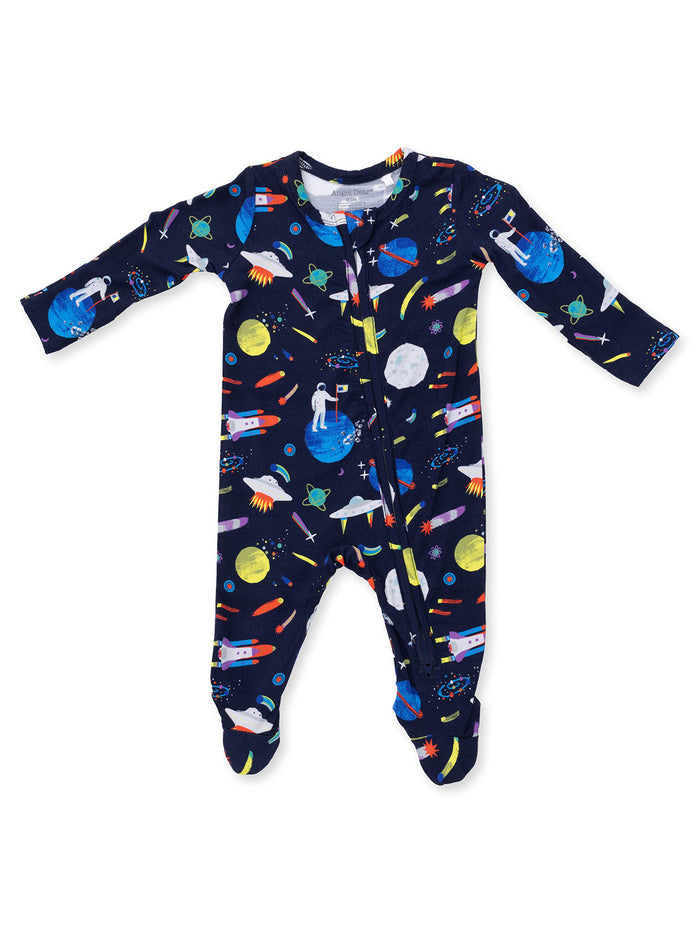 Navy blue baby onesie with colorful space-themed prints, including rockets, planets, and astronauts.