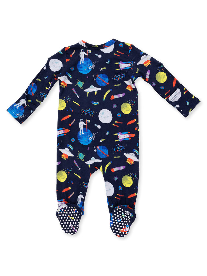 Navy romper with colorful space theme, featuring astronauts, planets, and rockets, perfect for toddlers.