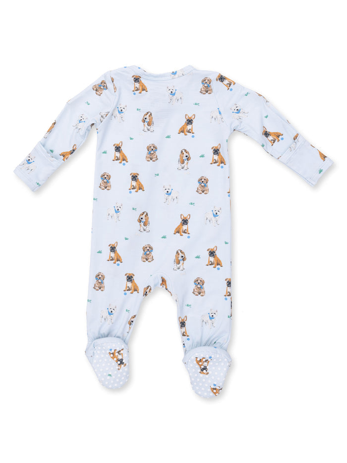 Baby blue pajama with various dog print patterns and dotted feet for added comfort.