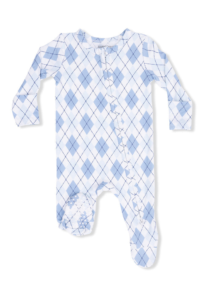 Light blue baby onesie with a diamond pattern and button closures, featuring long sleeves and footed design.