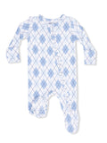 Light blue baby onesie with a diamond pattern and button closures, featuring long sleeves and footed design.