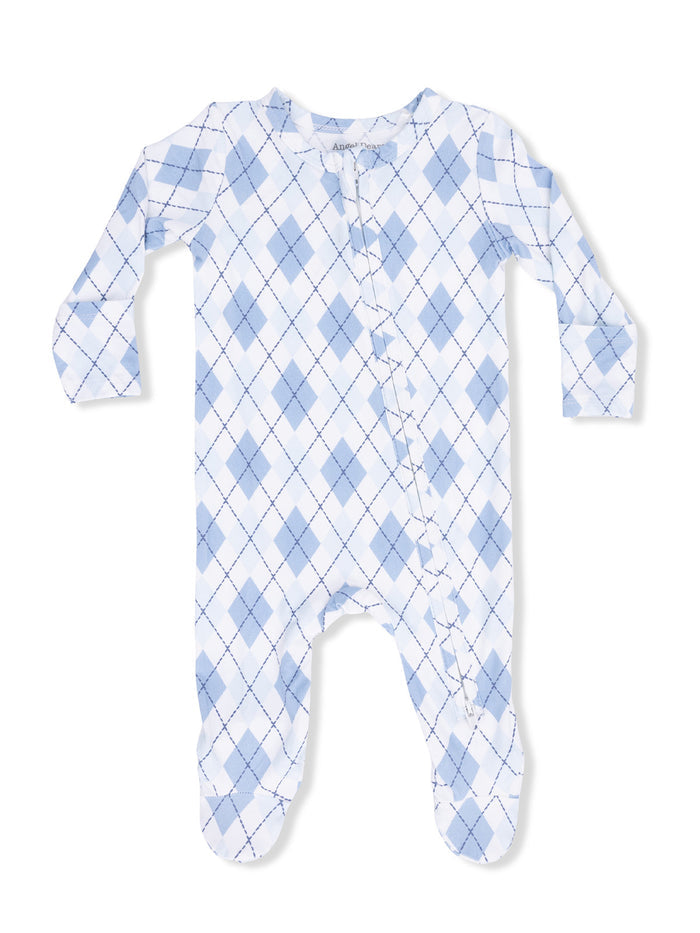 Light blue baby onesie with diamond pattern and button closure. Perfect for comfort and style.