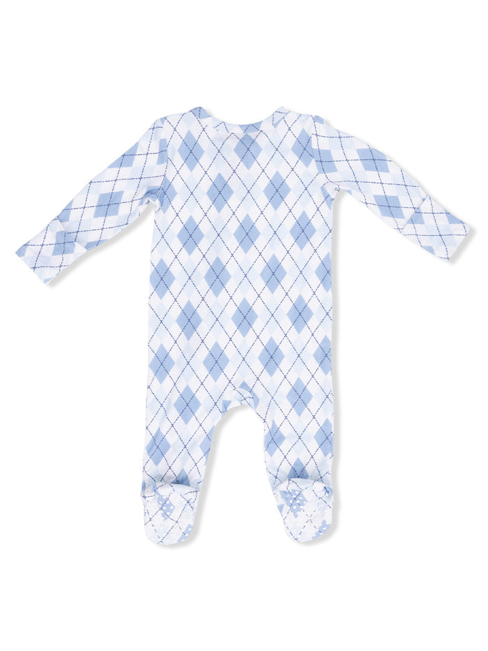 Light blue argyle-patterned baby onesie with long sleeves and footed design, viewed from the back.