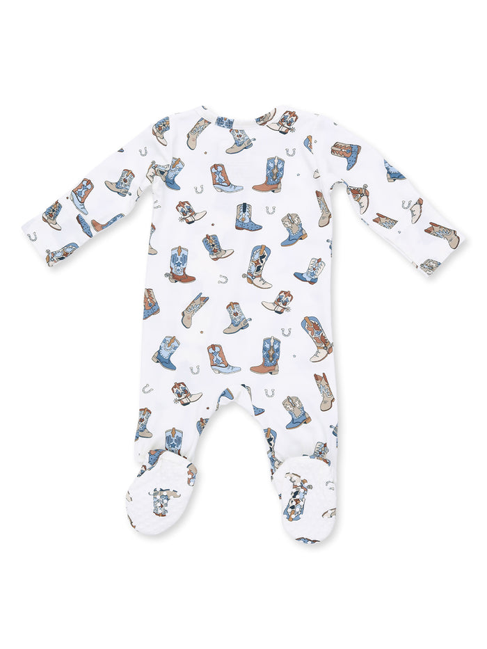 White baby onesie with colorful cowboy boots and horseshoe patterns. Ideal for a playful, country-themed outfit.