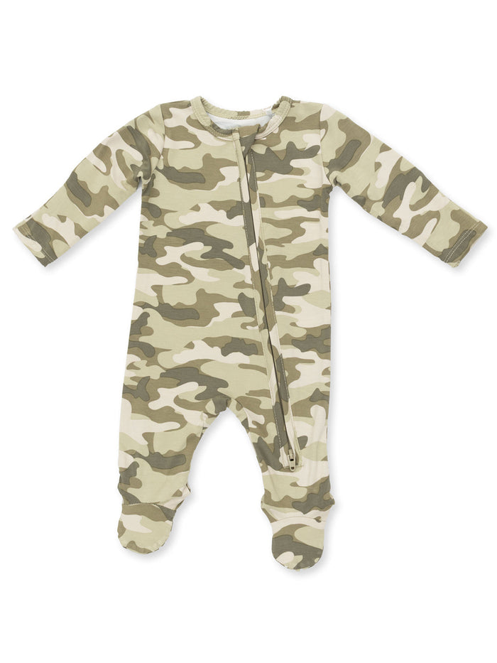 Camo baby onesie in shades of green and beige, featuring a front zipper and footed design.