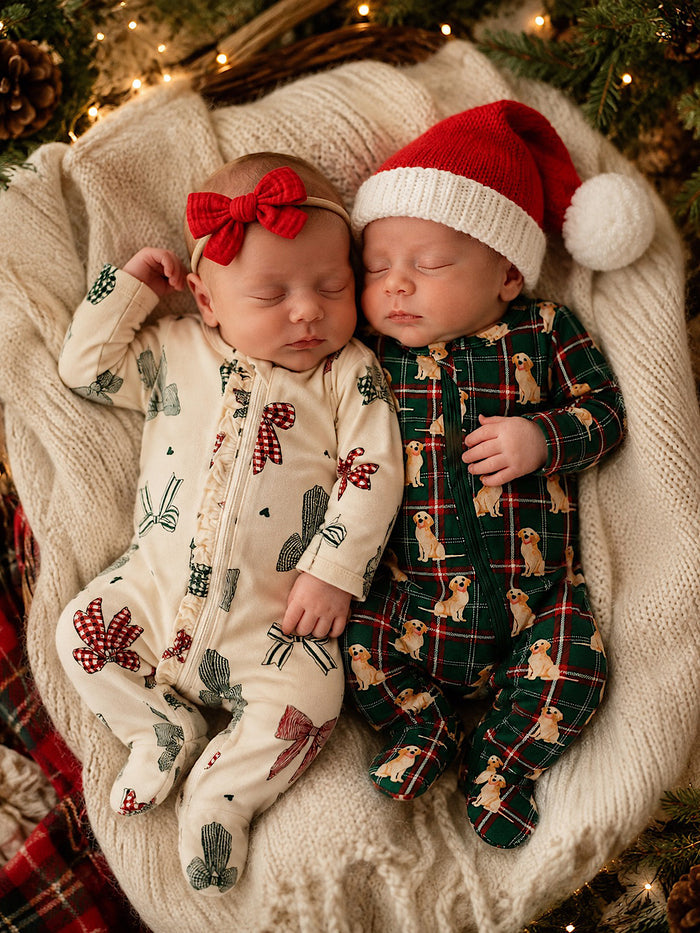 Two sleeping infants in festive pajamas, one with a red bow, the other in a Santa hat, nestled together on a cozy blanket.