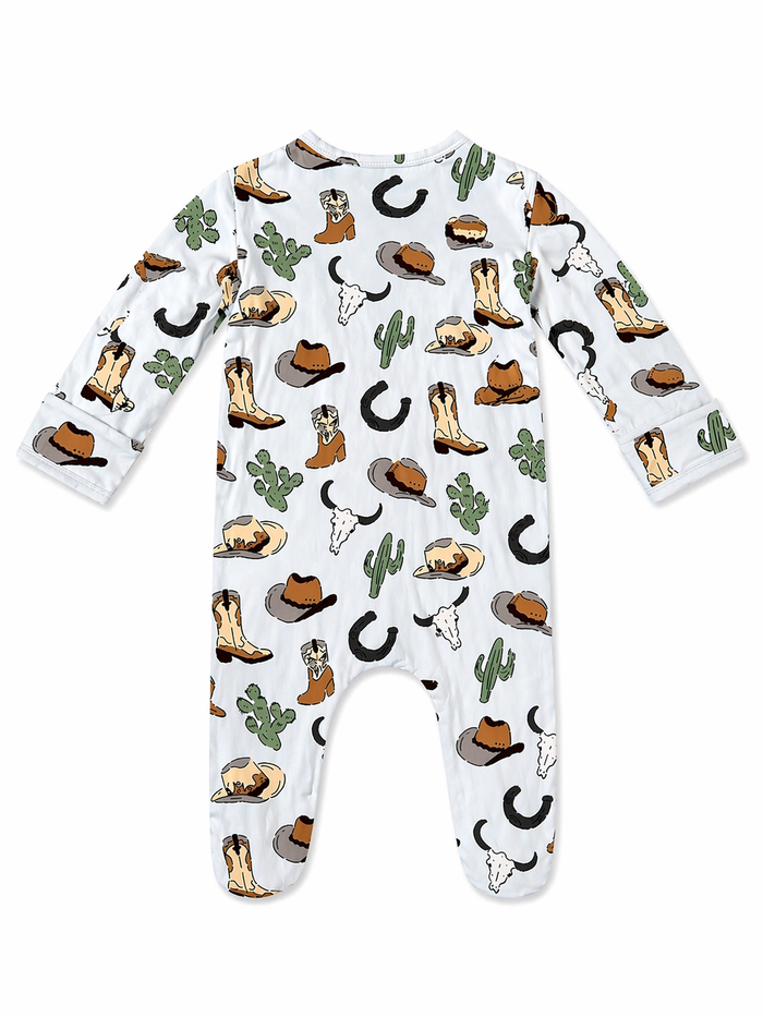 White baby onesie with cowboy boots, hats, cacti, and horseshoe patterns.