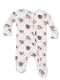 White baby onesie with animal prints, featuring horses, cows, and goats on a natural background.