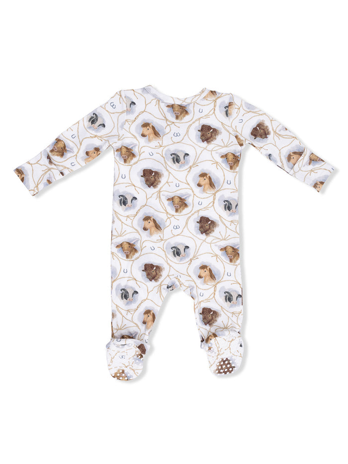 White baby onesie with a playful animal print featuring various illustrated dogs.