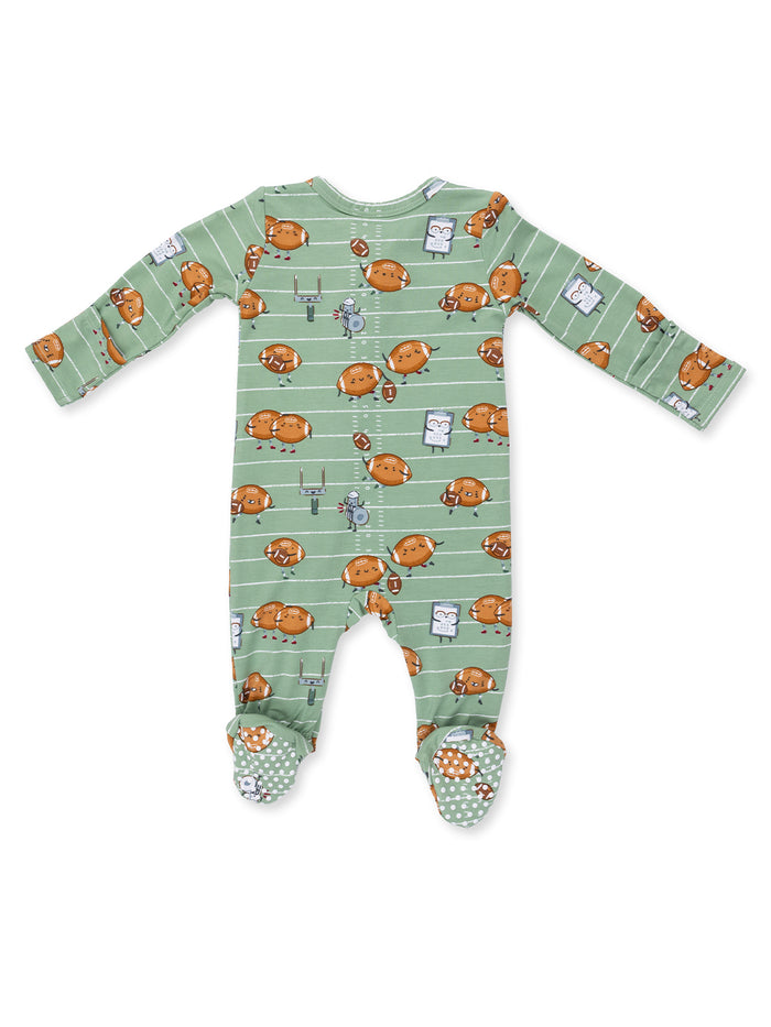 Green baby onesie featuring cute cartoon animals on a sports-themed background. Perfect for playful outfits.