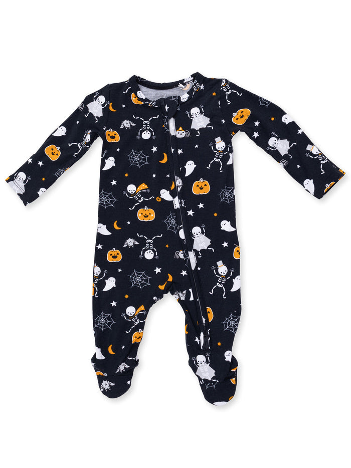 Black Halloween-themed onesie with ghosts, skeletons, pumpkins, and spiderwebs on a dark background.