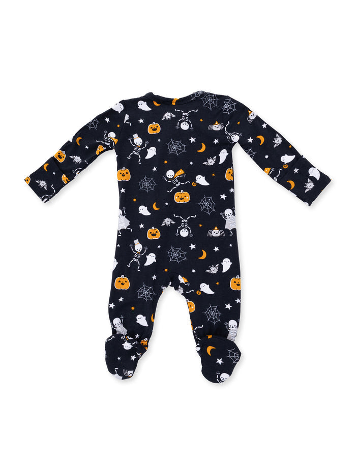 Halloween-themed baby onesie featuring ghosts, pumpkins, and spiders on a navy background.