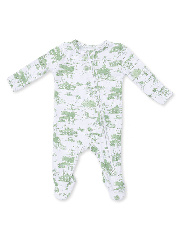 Green-patterned baby onesie with long sleeves and a front zipper on a white background.