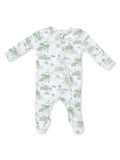 Green-patterned baby onesie with long sleeves and a front zipper on a white background.