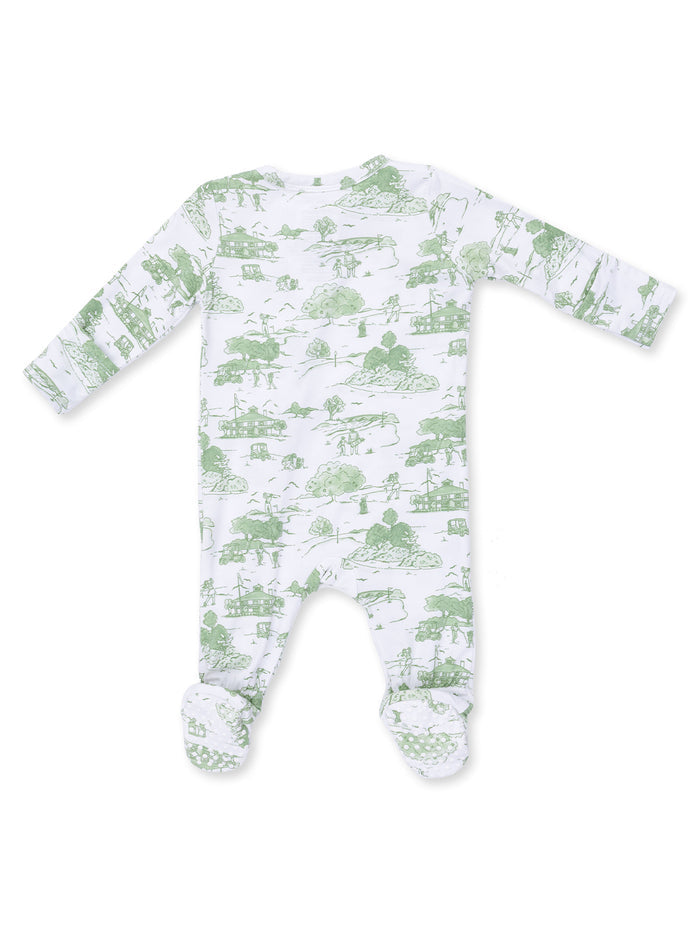 White onesie with green outdoor-themed illustrations, featuring long sleeves and footed design. Back view shown.
