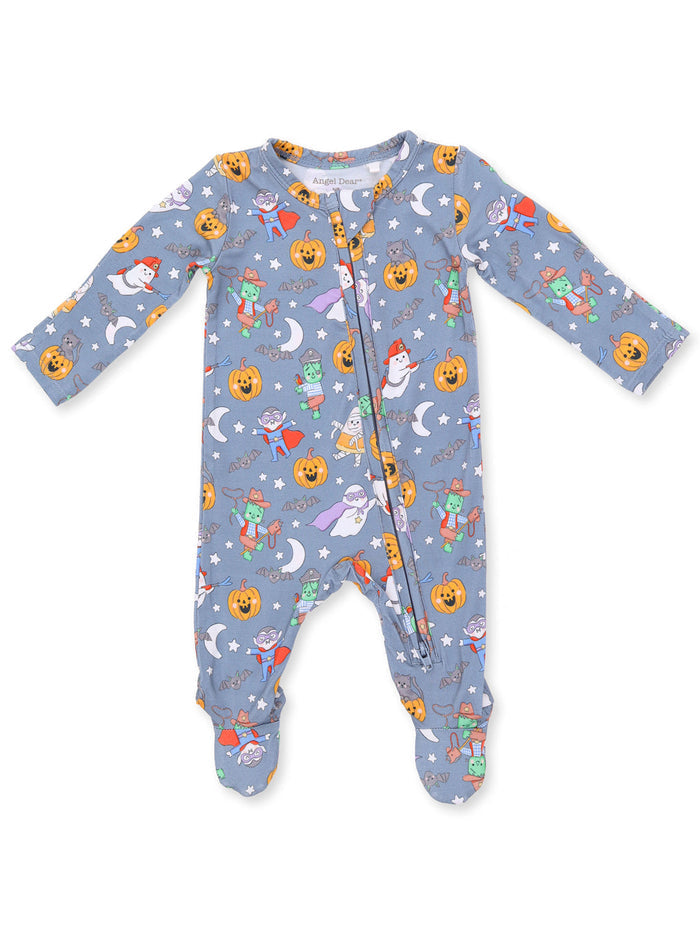 Colorful Halloween-themed baby onesie with various playful monsters and pumpkins on a light blue background.