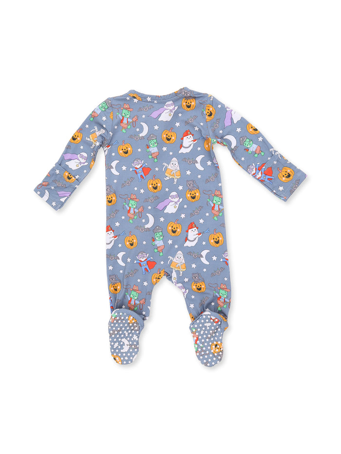 Gray infant onesie with colorful Halloween-themed characters and patterns.