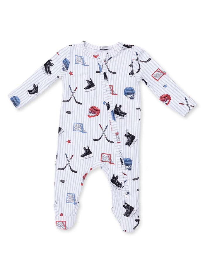 Baby onesie featuring hockey-themed patterns on a white and striped background. Ideal for sports-loving families.