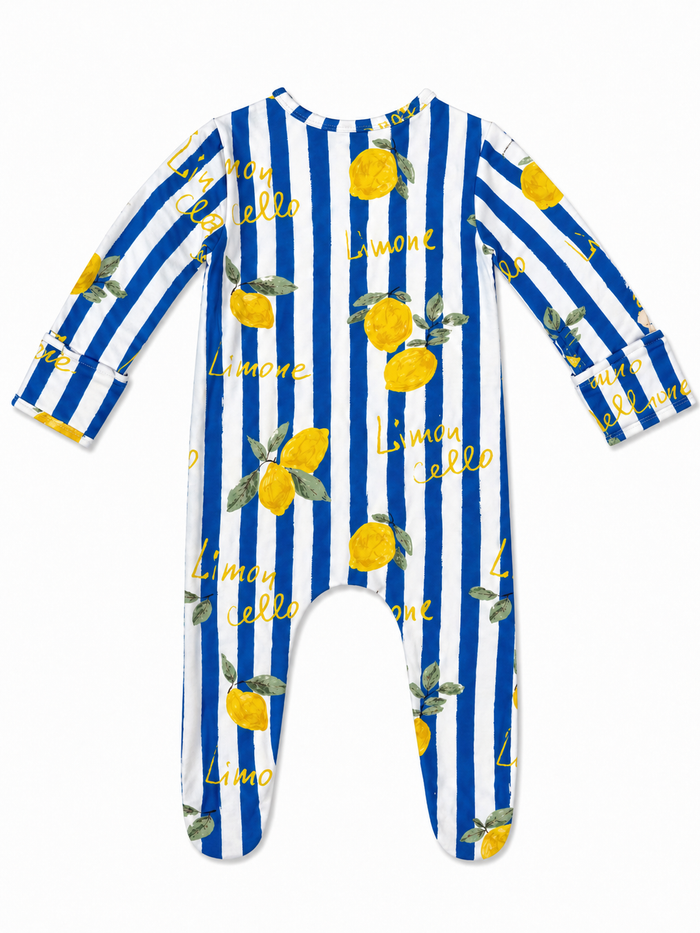 Striped baby onesie with yellow lemons and "Limoncello" design on a white background.