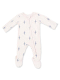 Light pink baby onesie with blue lightning bolt pattern and full zipper. Ideal for comfort and style.