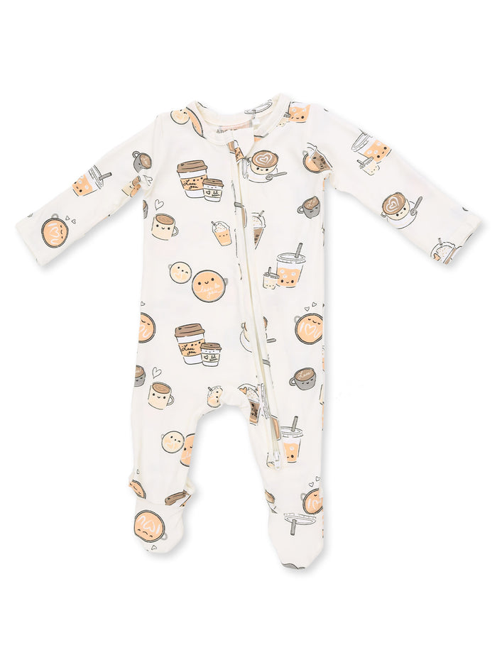 Baby onesie with cute food and drink illustrations, featuring a zipper and long sleeves, on a light background.