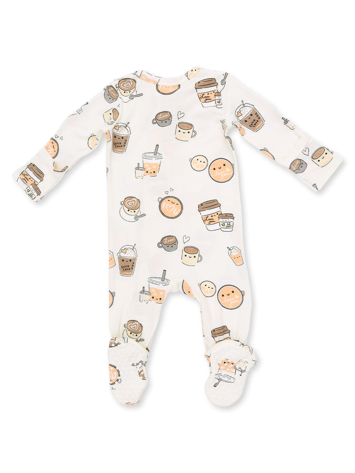 Baby onesie with playful food and drink illustrations, featuring coffee cups and cute animated characters.