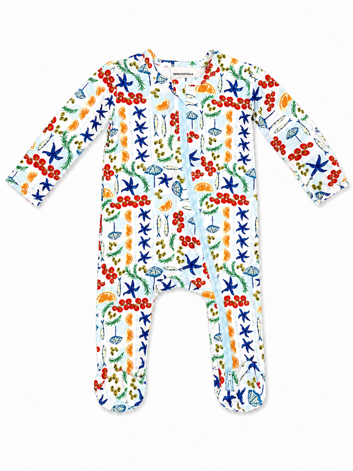 Colorful baby onesie with fruit and sea-themed patterns, featuring a front zipper and footed design.