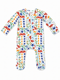 Colorful baby onesie with fruit and sea-themed patterns, featuring a front zipper and footed design.