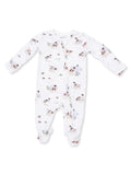 White baby onesie with dog and bird prints, featuring long sleeves and zipper closure. Perfect for comfort and style.