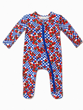 Colorful toddler onesie with a blue and white checker pattern and red tomato illustrations, featuring a front zipper.