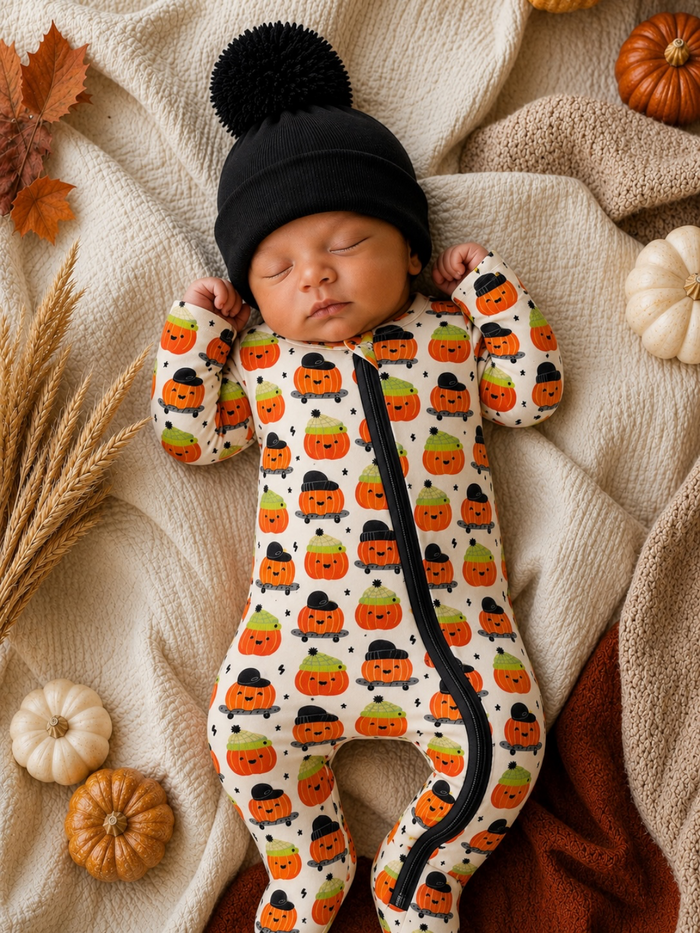 A sleeping baby in a pumpkin-themed onesie and black beanie, surrounded by autumn leaves and decorative pumpkins.