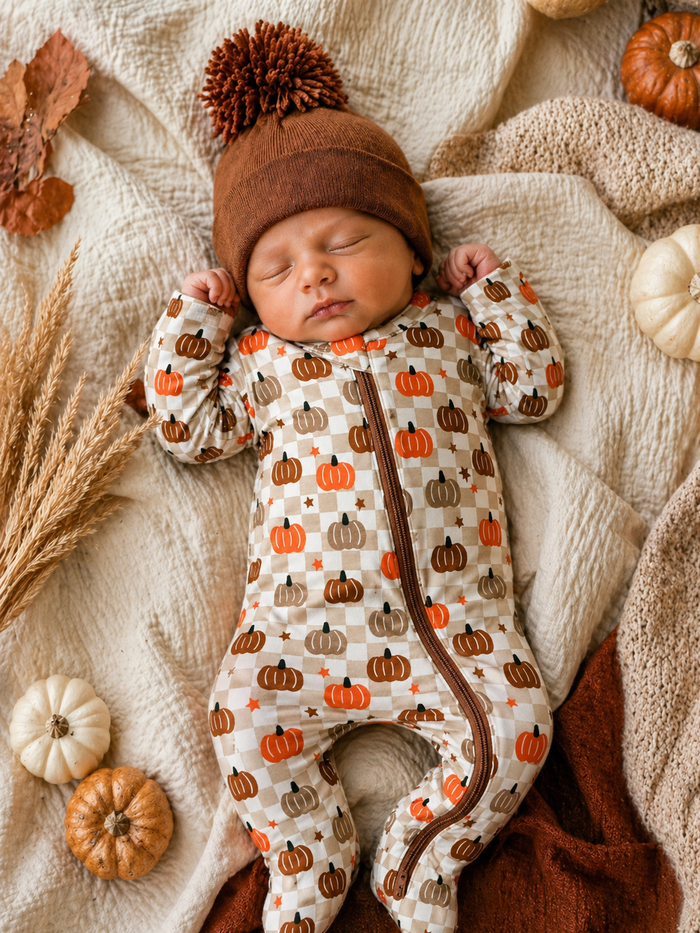 Sleeping baby in a pumpkin-print onesie and brown hat, surrounded by autumn leaves and small pumpkins.