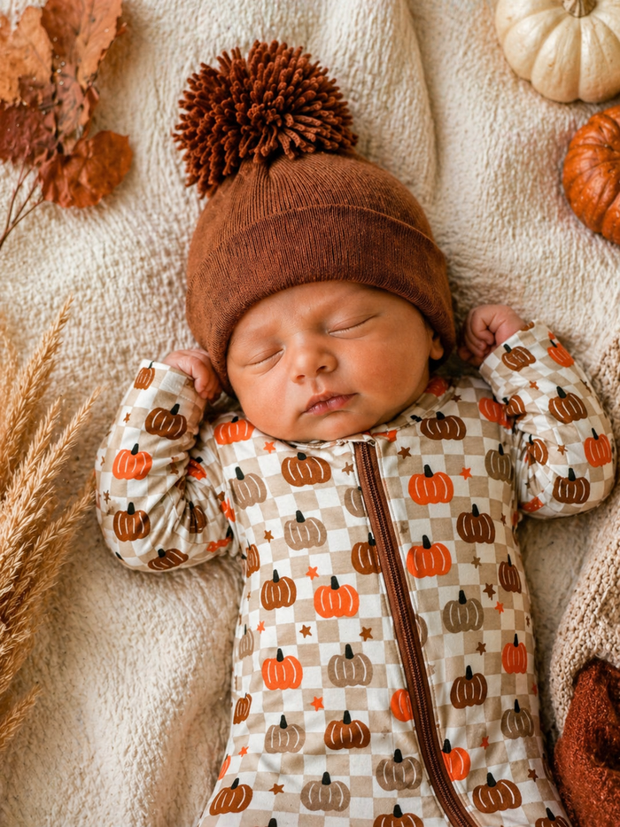 Infant sleeping peacefully, wearing a brown pom-pom hat and pumpkin-patterned outfit, surrounded by autumn decor.