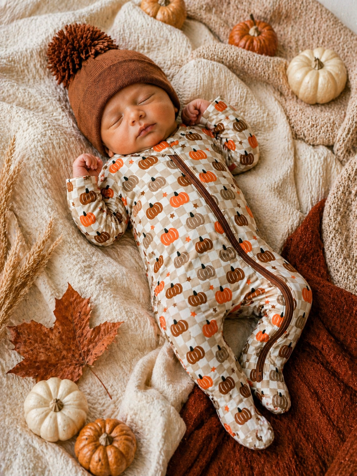Sleeping baby in a pumpkin-patterned outfit, surrounded by autumn leaves and small pumpkins on a cozy blanket.