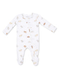 White baby onesie with long sleeves and a zipper, featuring a playful print of puppies.