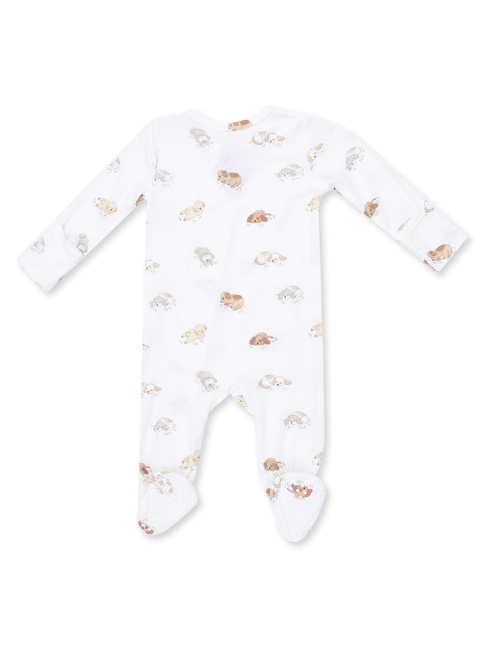 White baby onesie with animal print and footed design. Ideal for comfort and warmth.